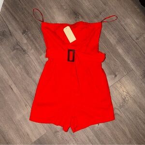 Red Belted Spaghetti Strap One-Piece Romper
